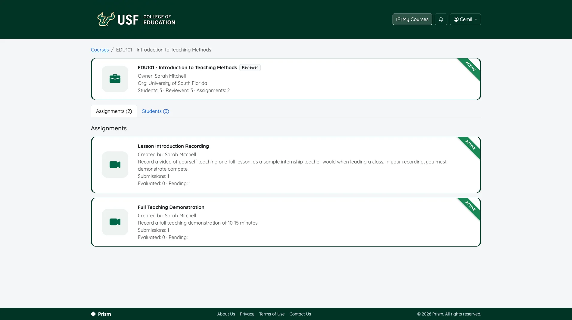 A Prism course page listing its assignments, each showing submission and evaluation progress