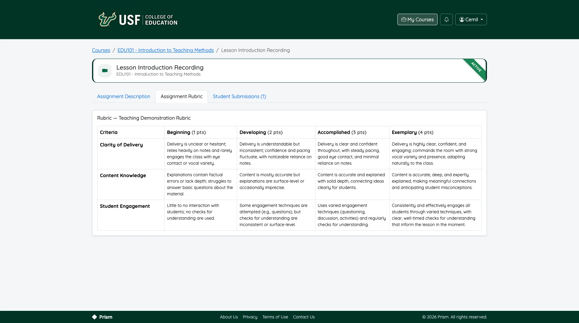 Prism screenshot: Rubric Builder - Faculty define criteria and performance levels for each assignment.