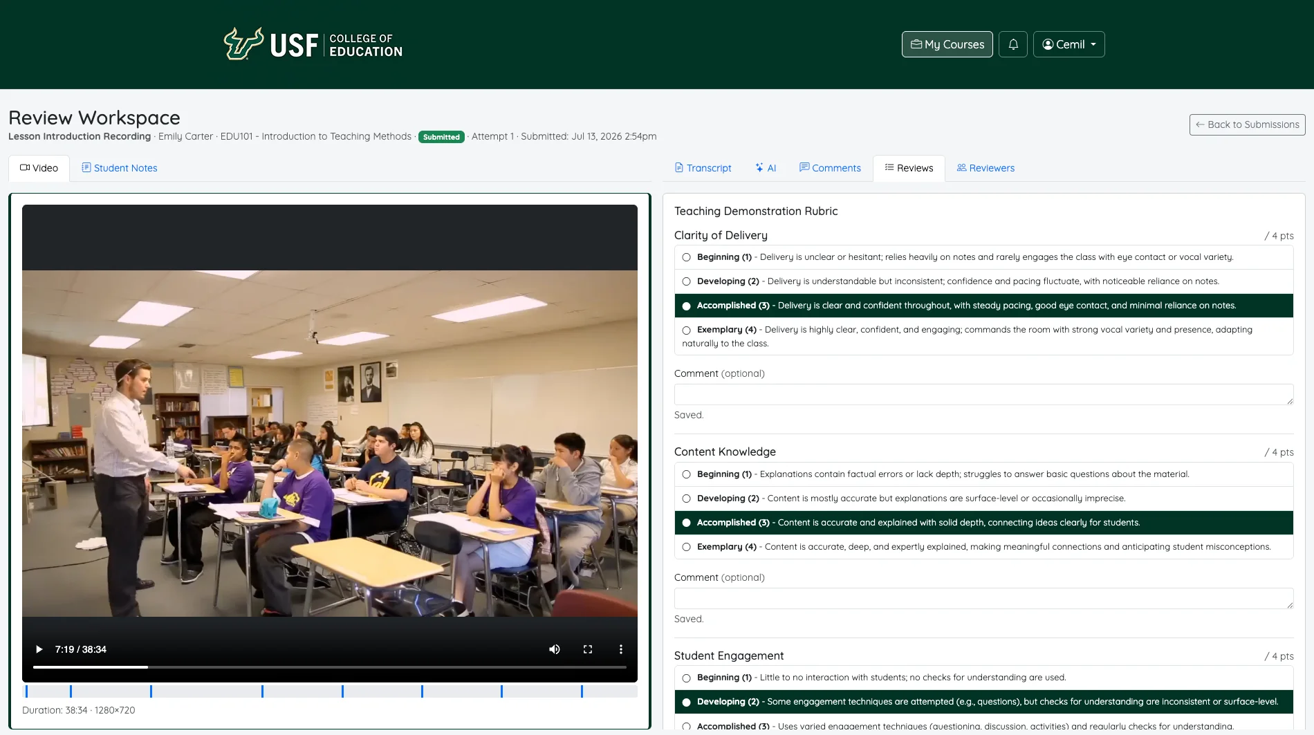 Prism screenshot: Rubric - Reviewers score each criterion against the course rubric.