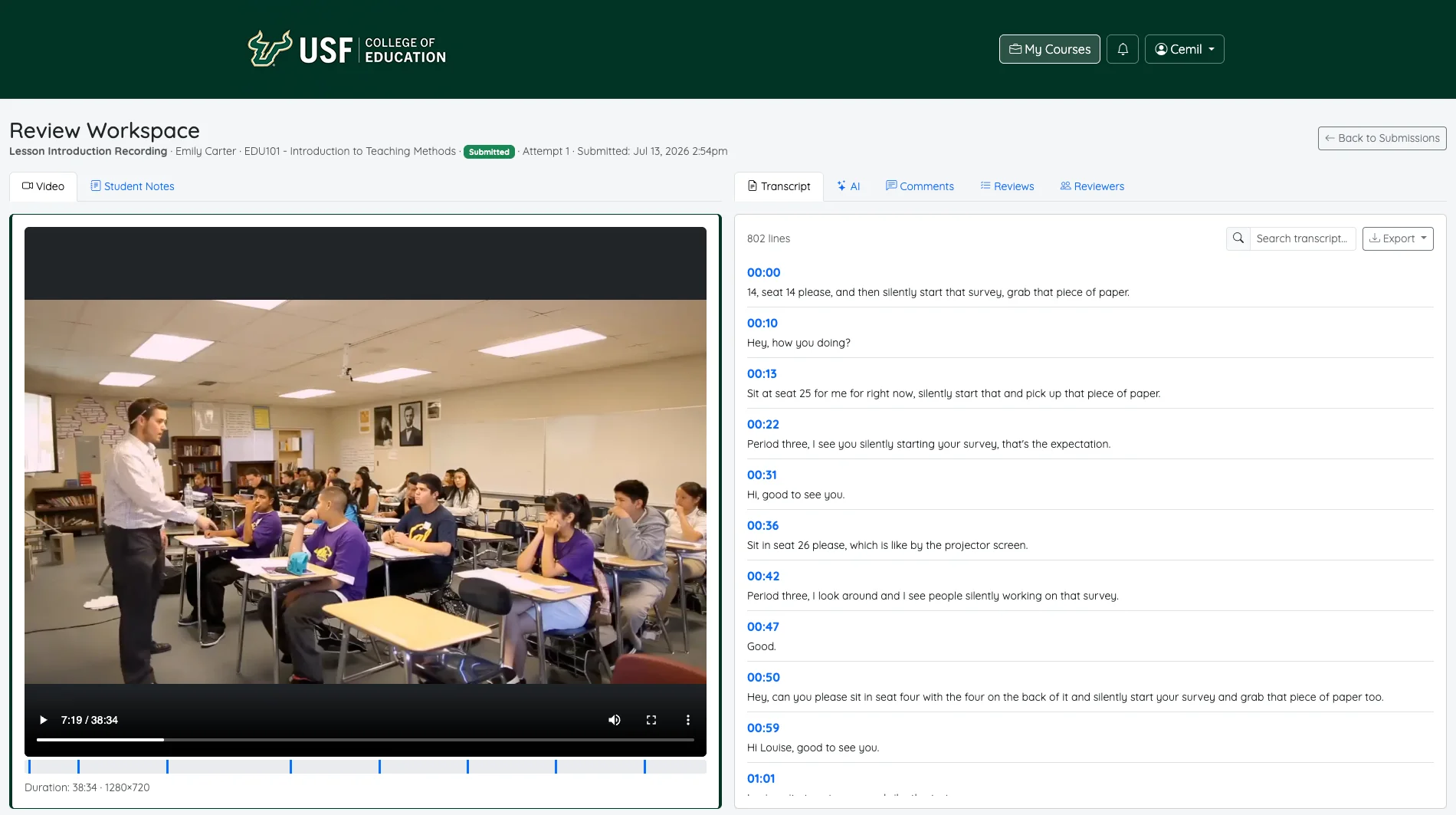 Prism screenshot: Transcript - Every submission is automatically transcribed.